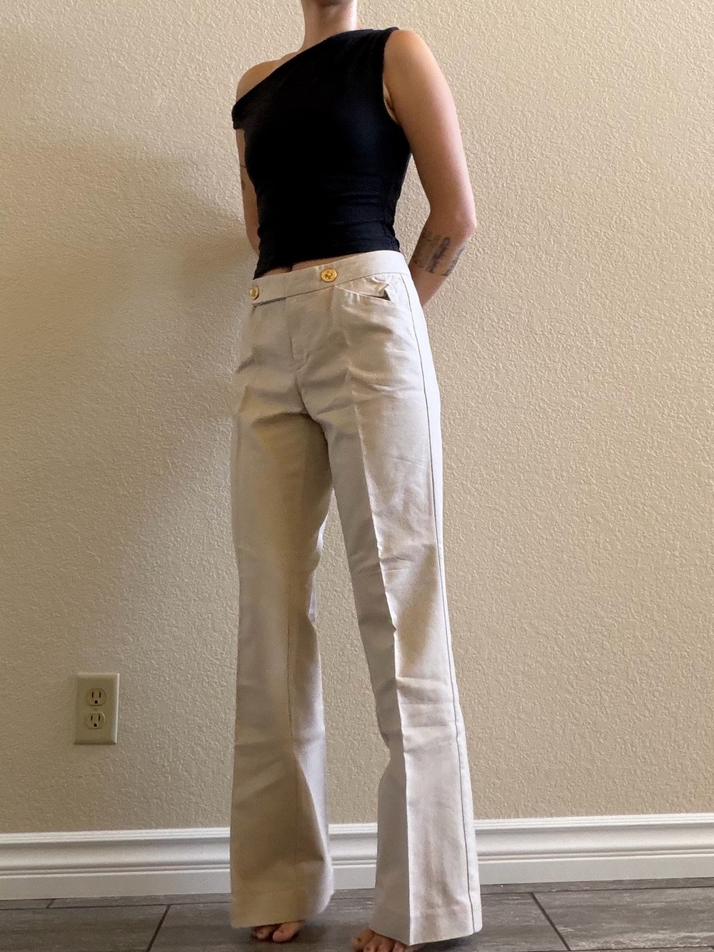 Vintage y2k Tommy Hilfiger Beige Mid Rise Wide Leg Sailor Pants gold detailing